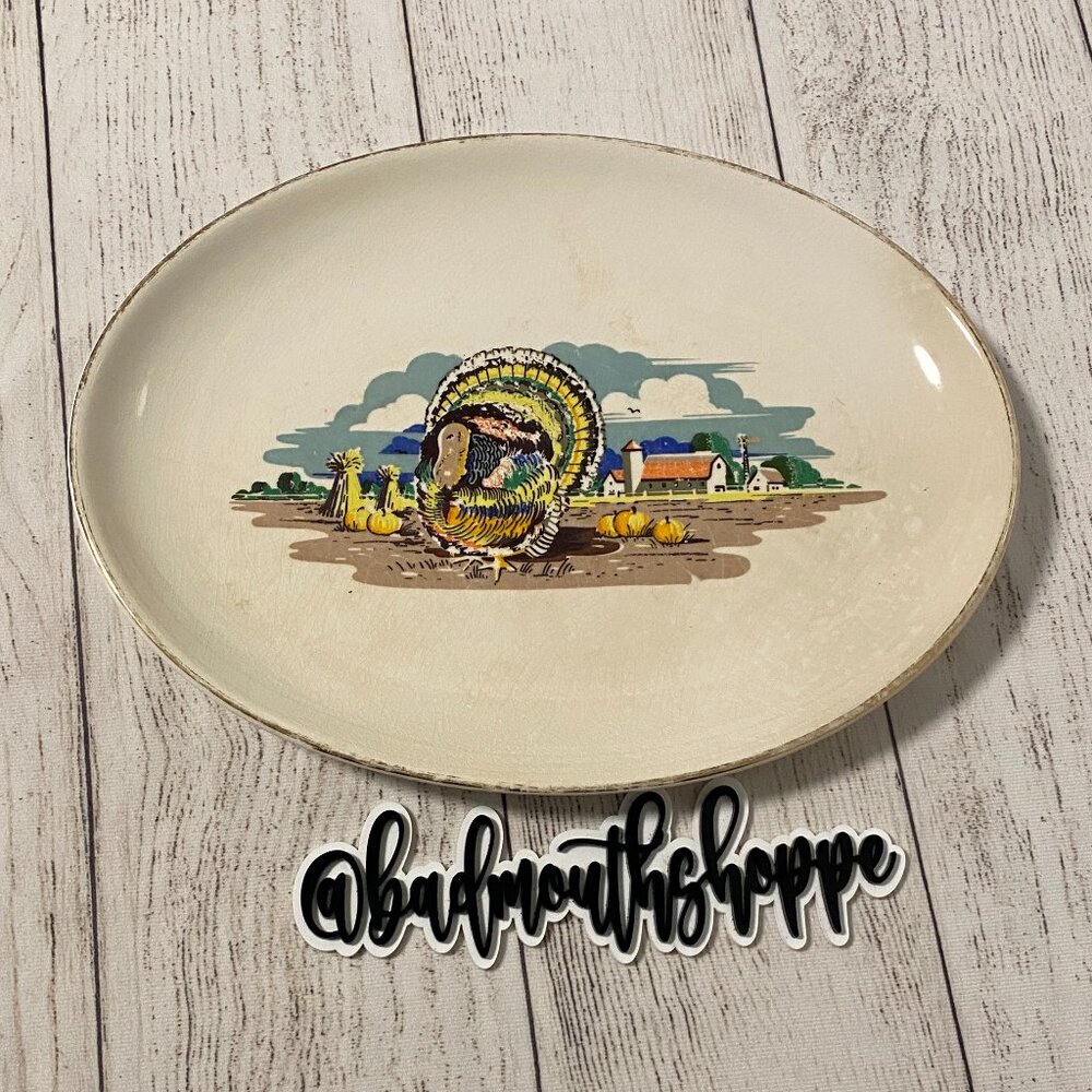 Vintage Turkey Thanksgiving Farm Advertising 22k Rim Plate Platter